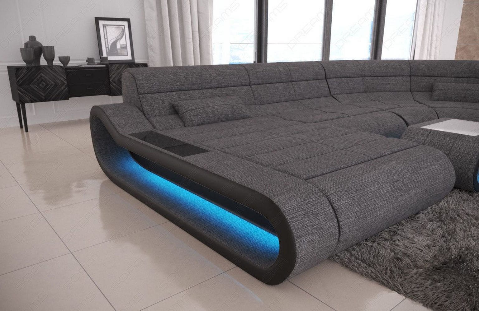 Wohnlandschaft Stoff Concept mit LED Grau-Schwarz