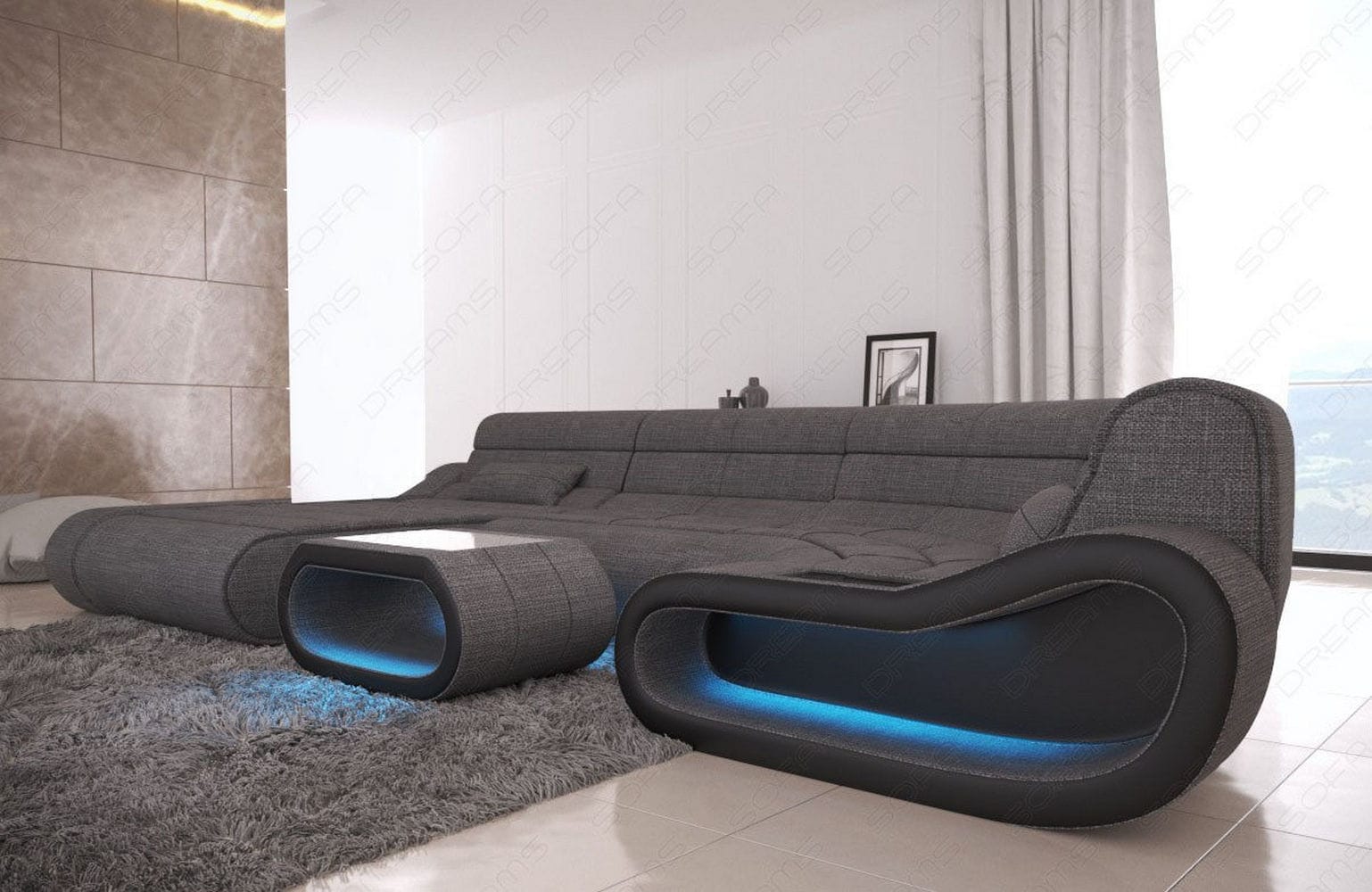Wohnlandschaft Stoff Concept mit LED Grau-Schwarz