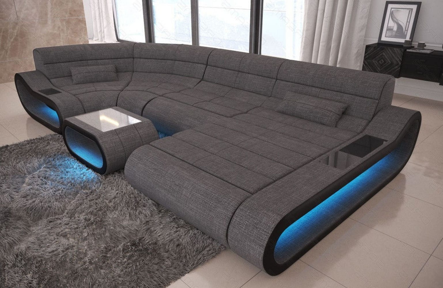 Wohnlandschaft Stoff Concept mit LED Grau-Schwarz
