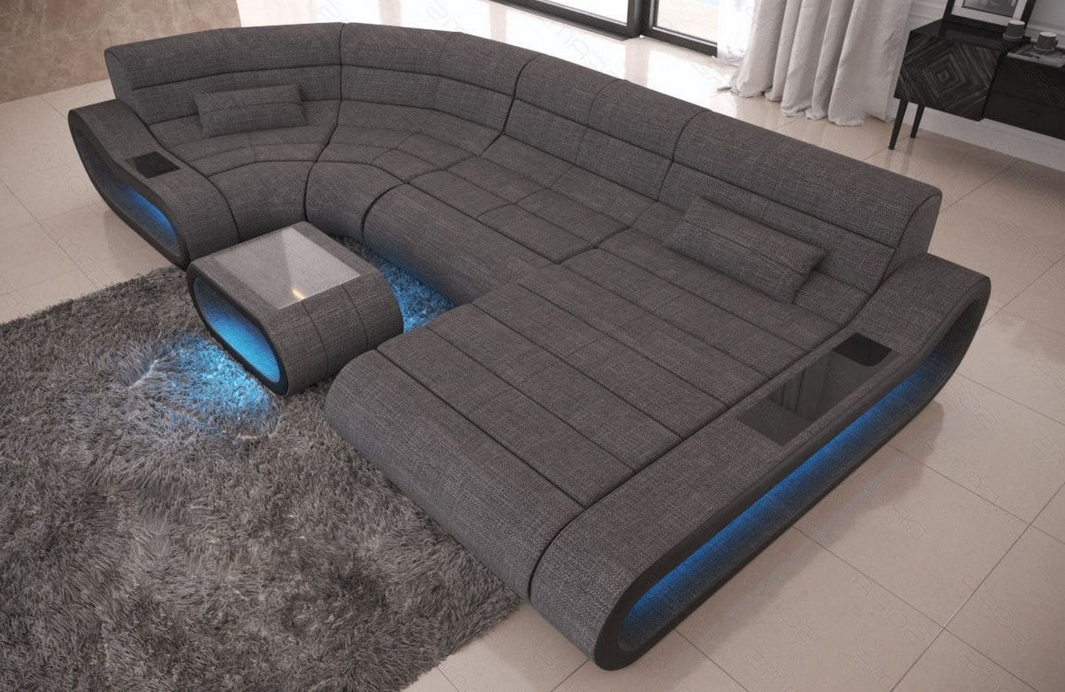 Wohnlandschaft Stoff Concept mit LED Grau-Schwarz