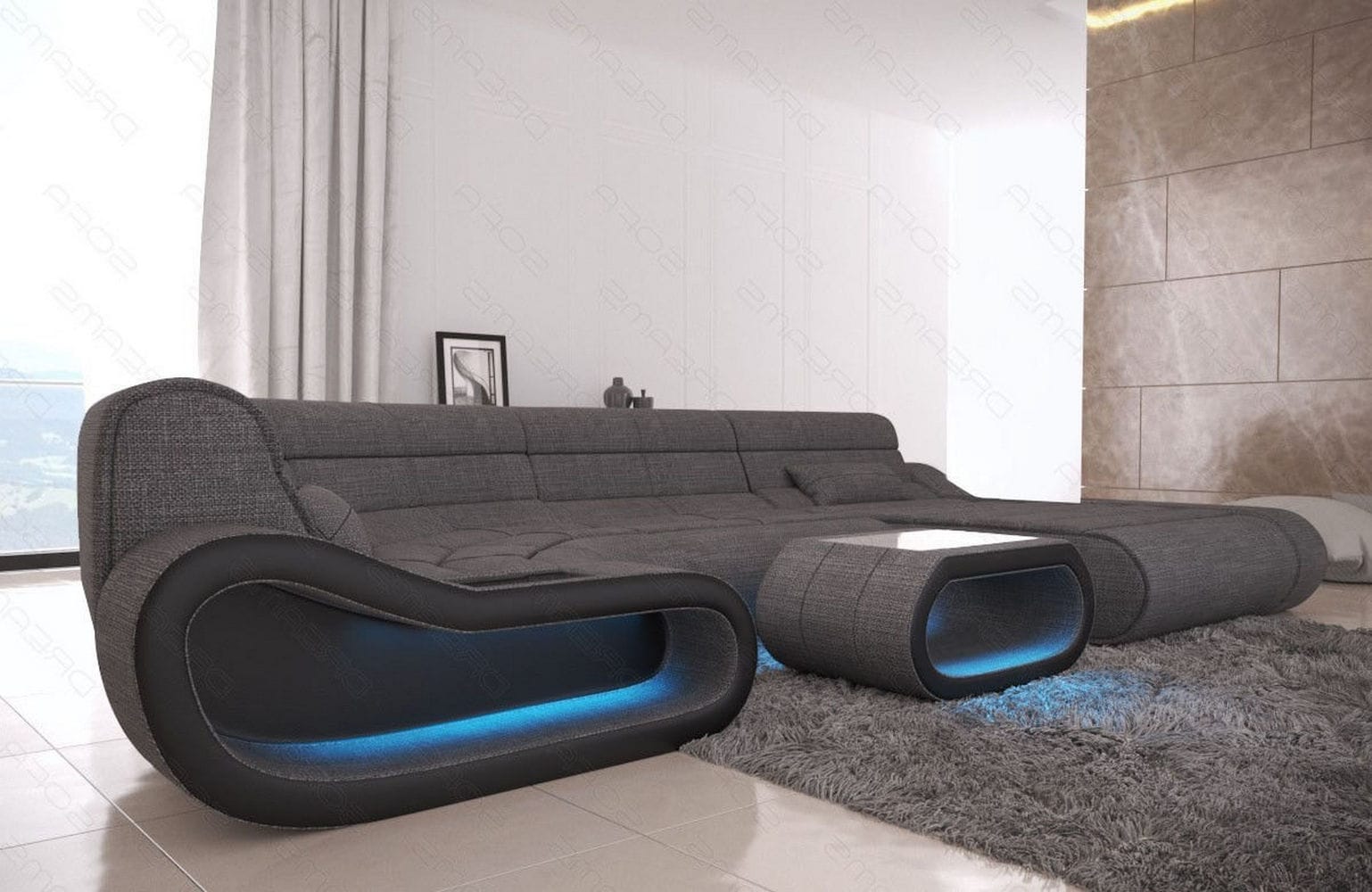 Wohnlandschaft Stoff Concept mit LED Grau-Schwarz