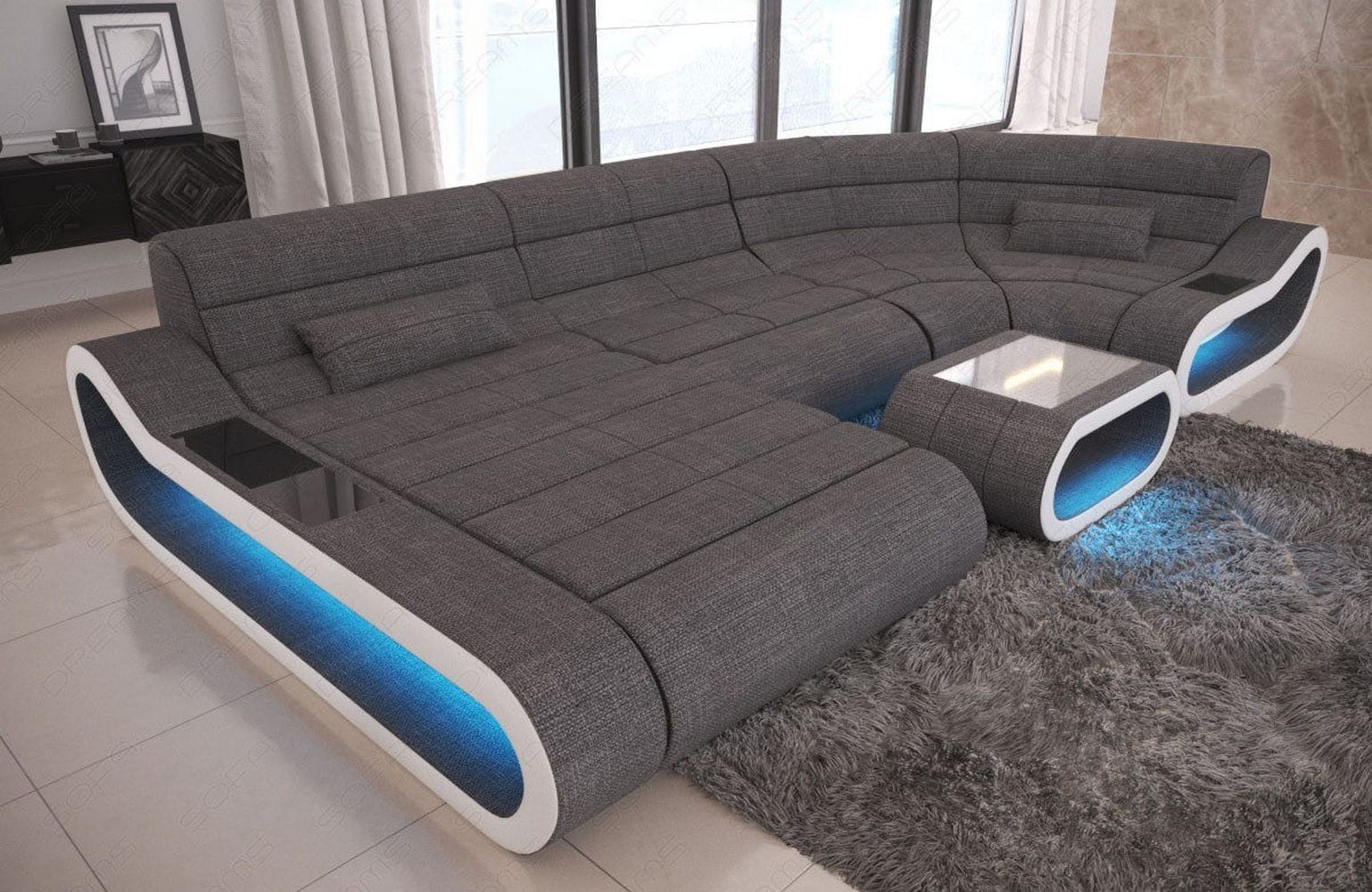 Wohnlandschaft Stoff Concept mit LED Grau-Weiß