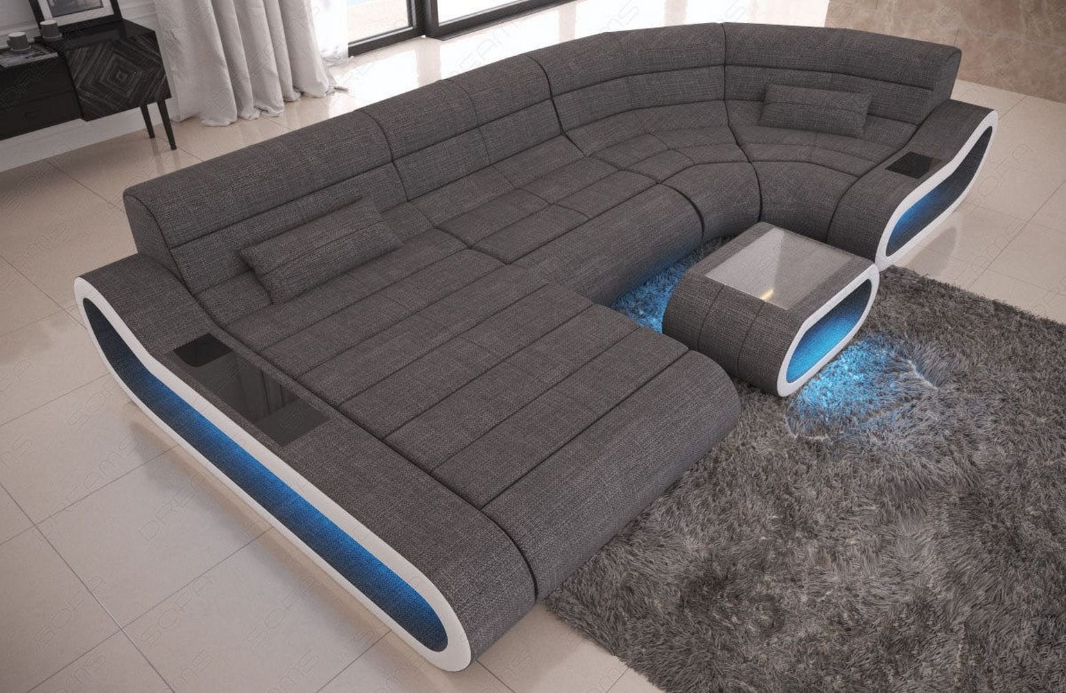Wohnlandschaft Stoff Concept mit LED Grau-Weiß