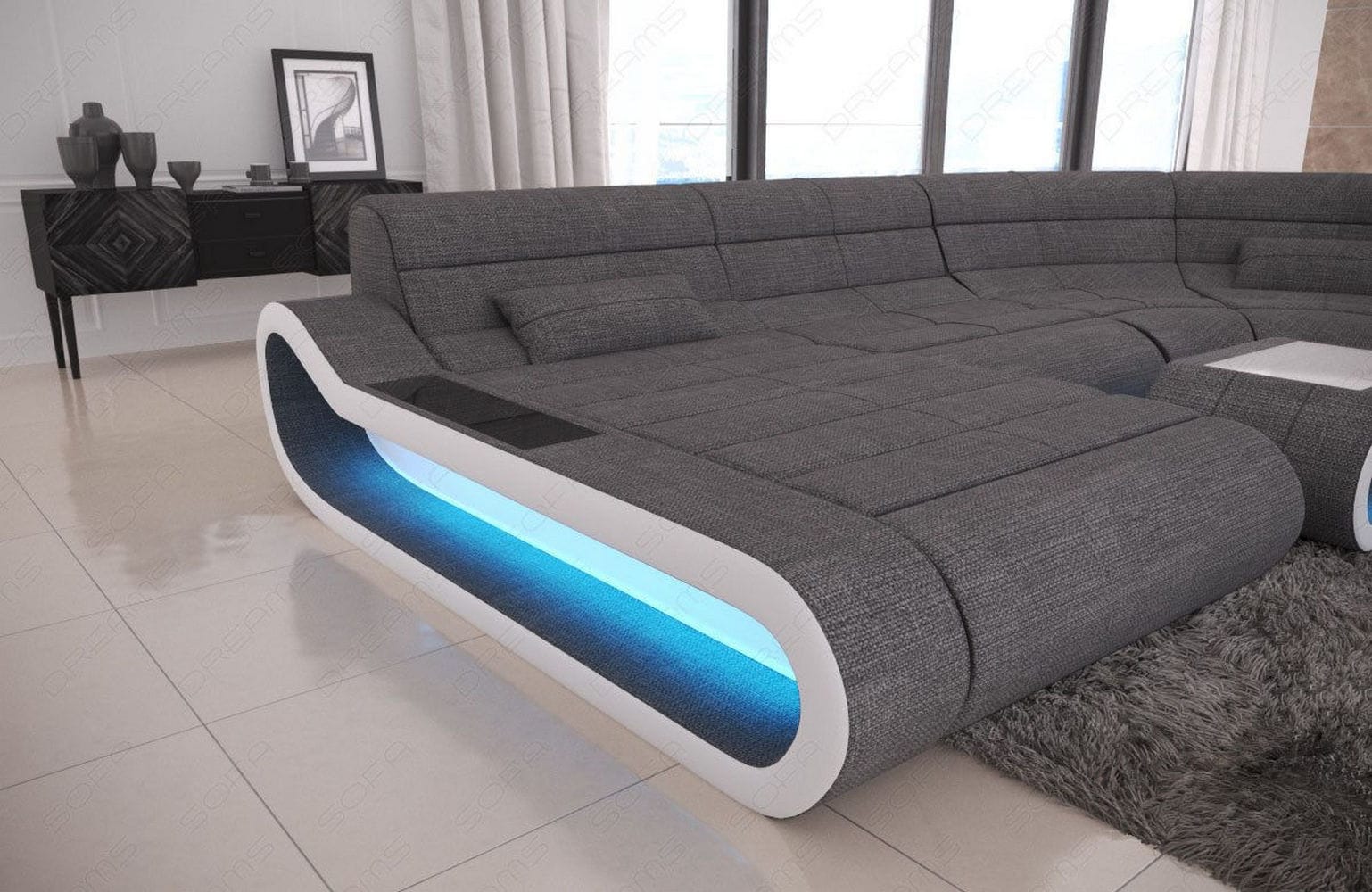 Wohnlandschaft Stoff Concept mit LED Grau-Weiß