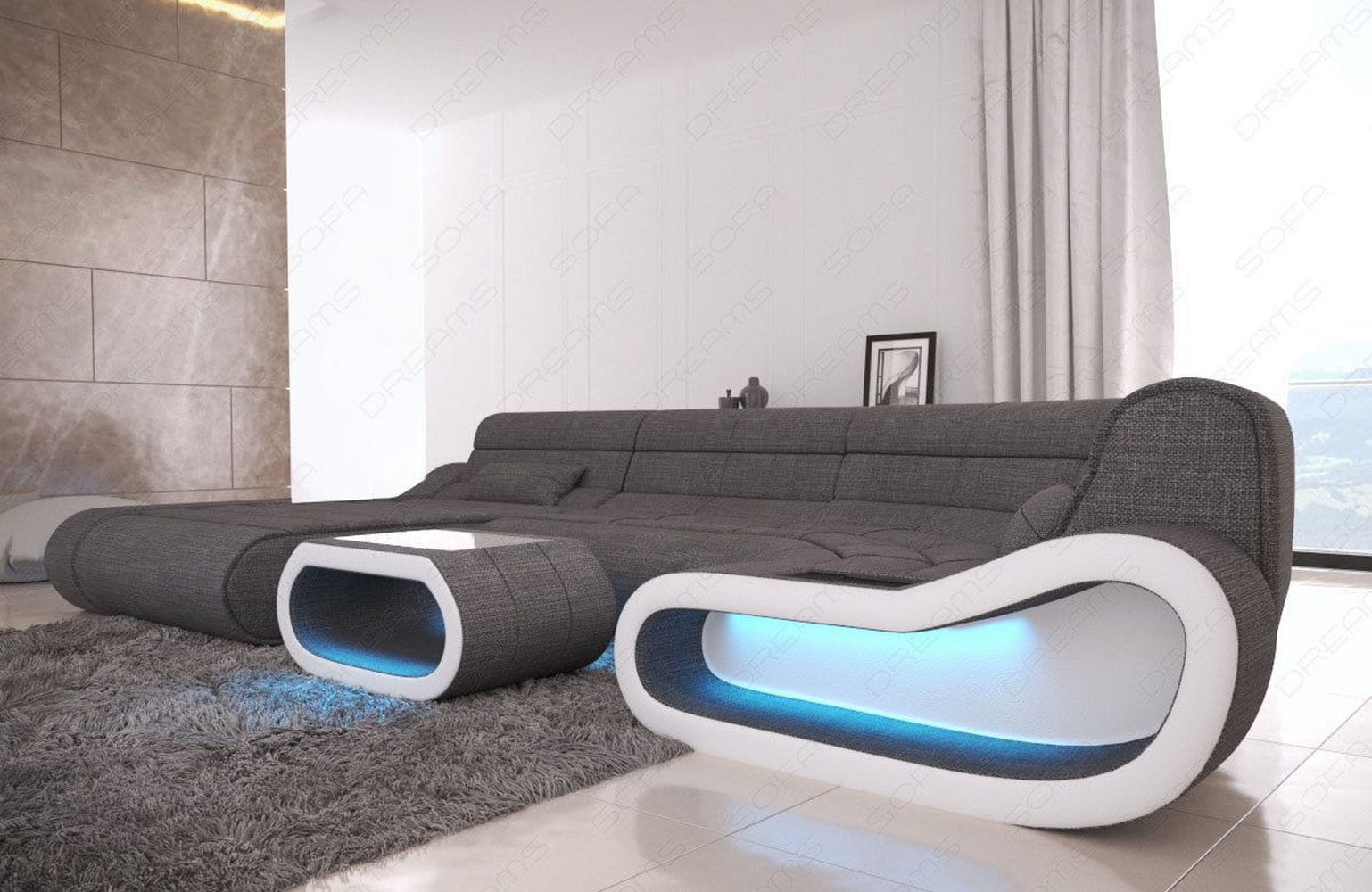 Wohnlandschaft Stoff Concept mit LED Grau-Weiß