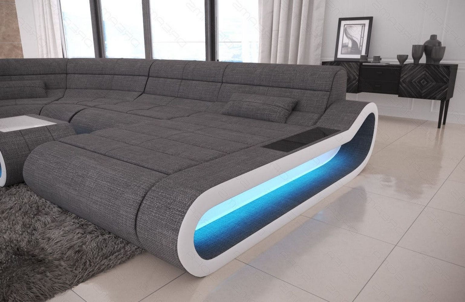 Wohnlandschaft Stoff Concept mit LED Grau-Weiß