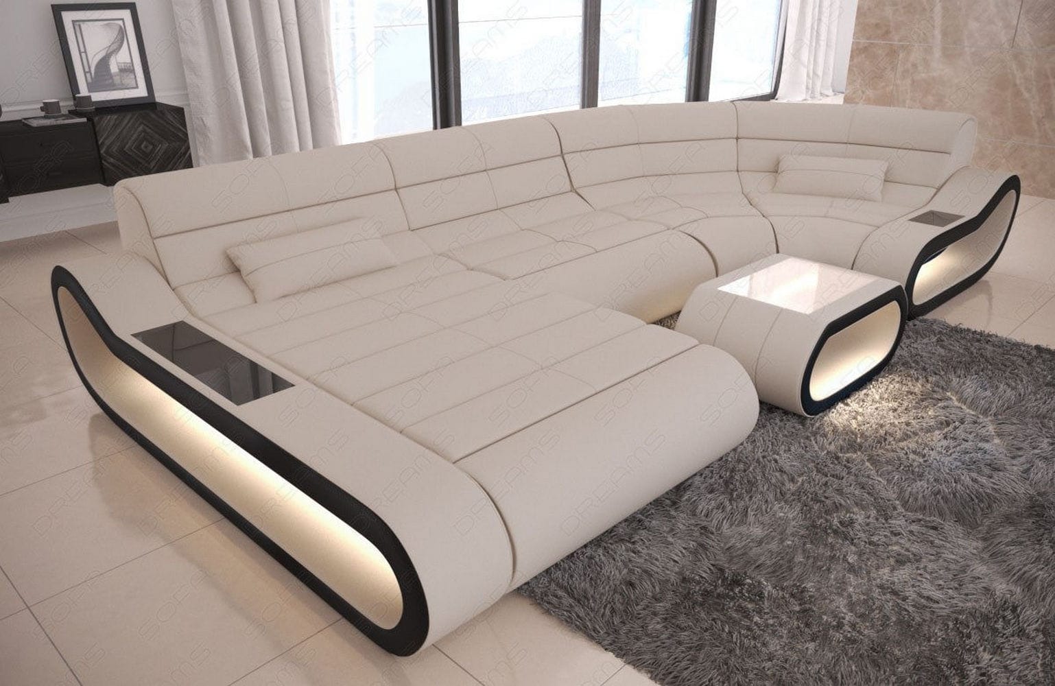 Wohnlandschaft Stoff Concept mit LED Elfenbein-Schwarz