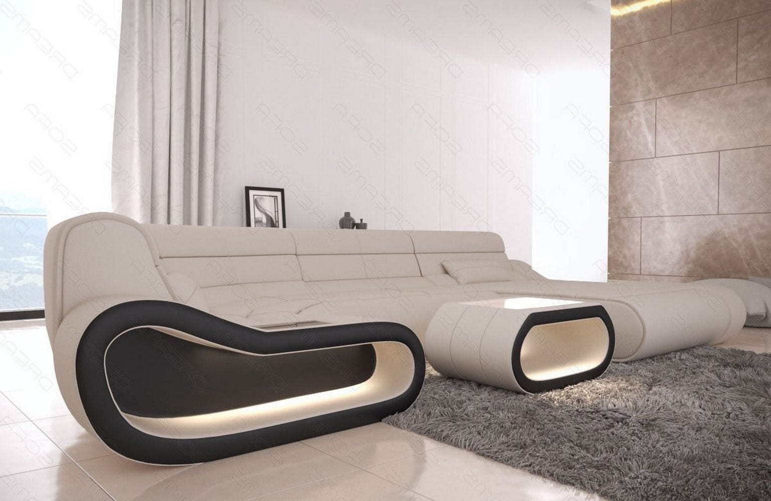 Wohnlandschaft Stoff Concept mit LED Elfenbein-Schwarz