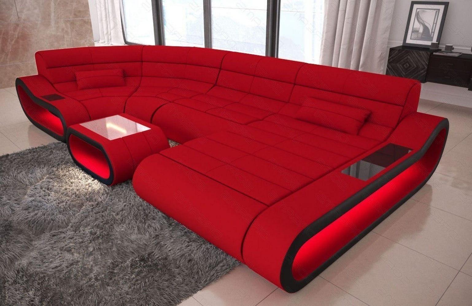 Wohnlandschaft Stoff Concept mit LED Rot-Schwarz