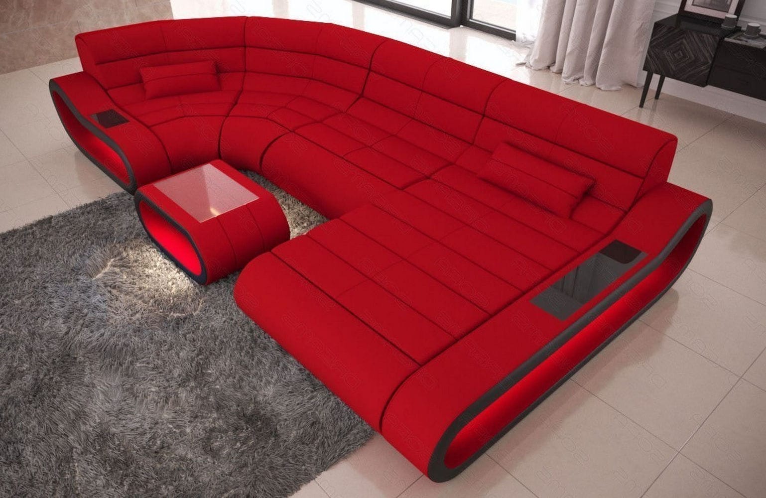 Wohnlandschaft Stoff Concept mit LED Rot-Schwarz