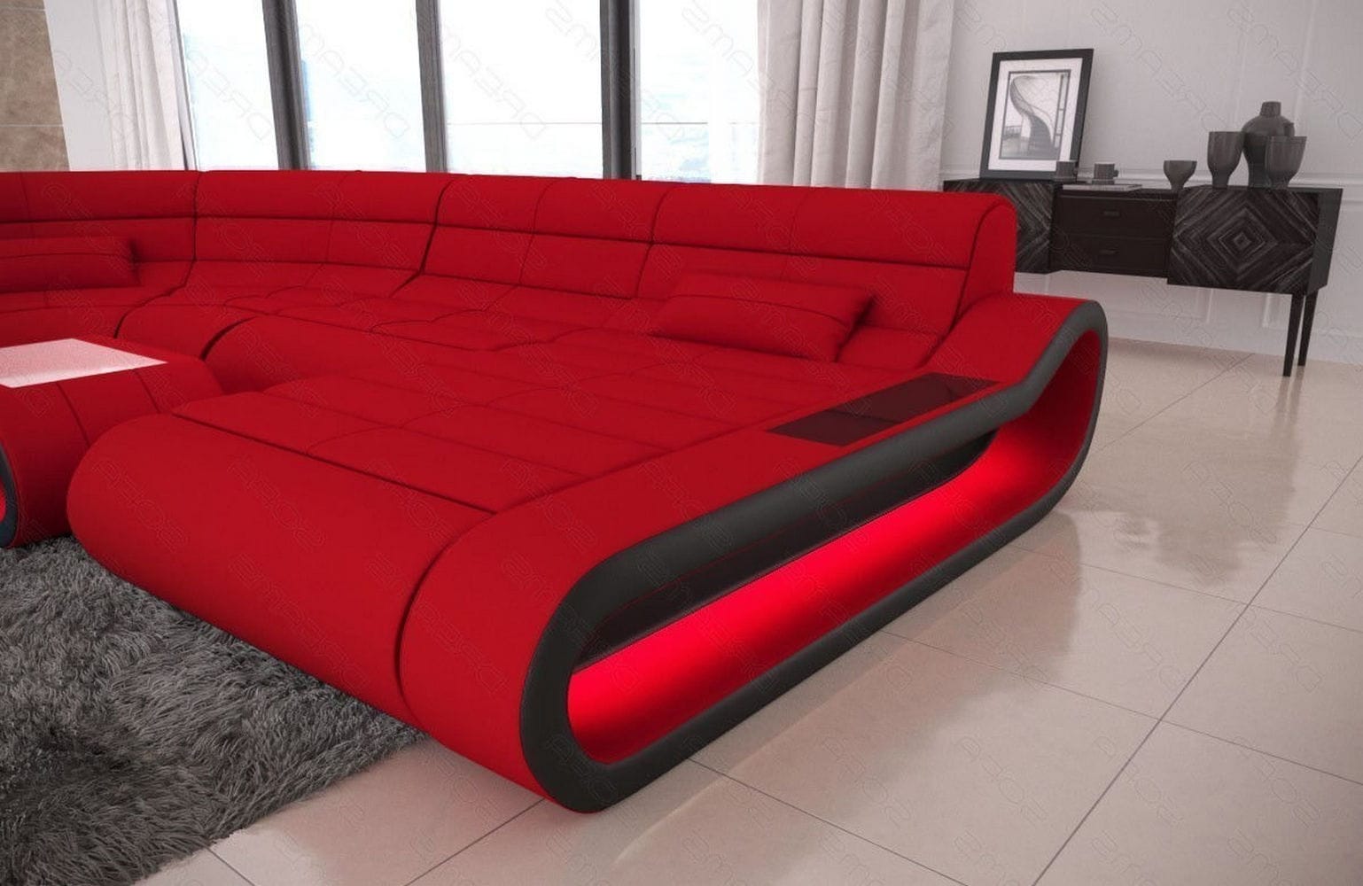 Wohnlandschaft Stoff Concept mit LED Rot-Schwarz
