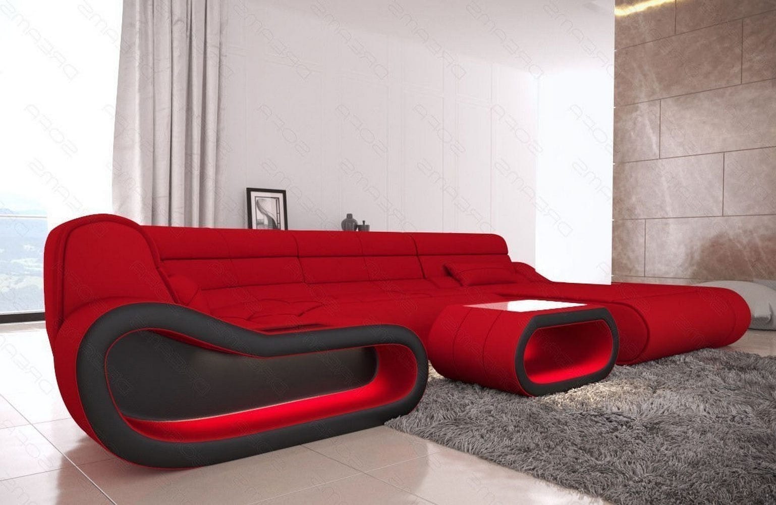 Wohnlandschaft Stoff Concept mit LED Rot-Schwarz