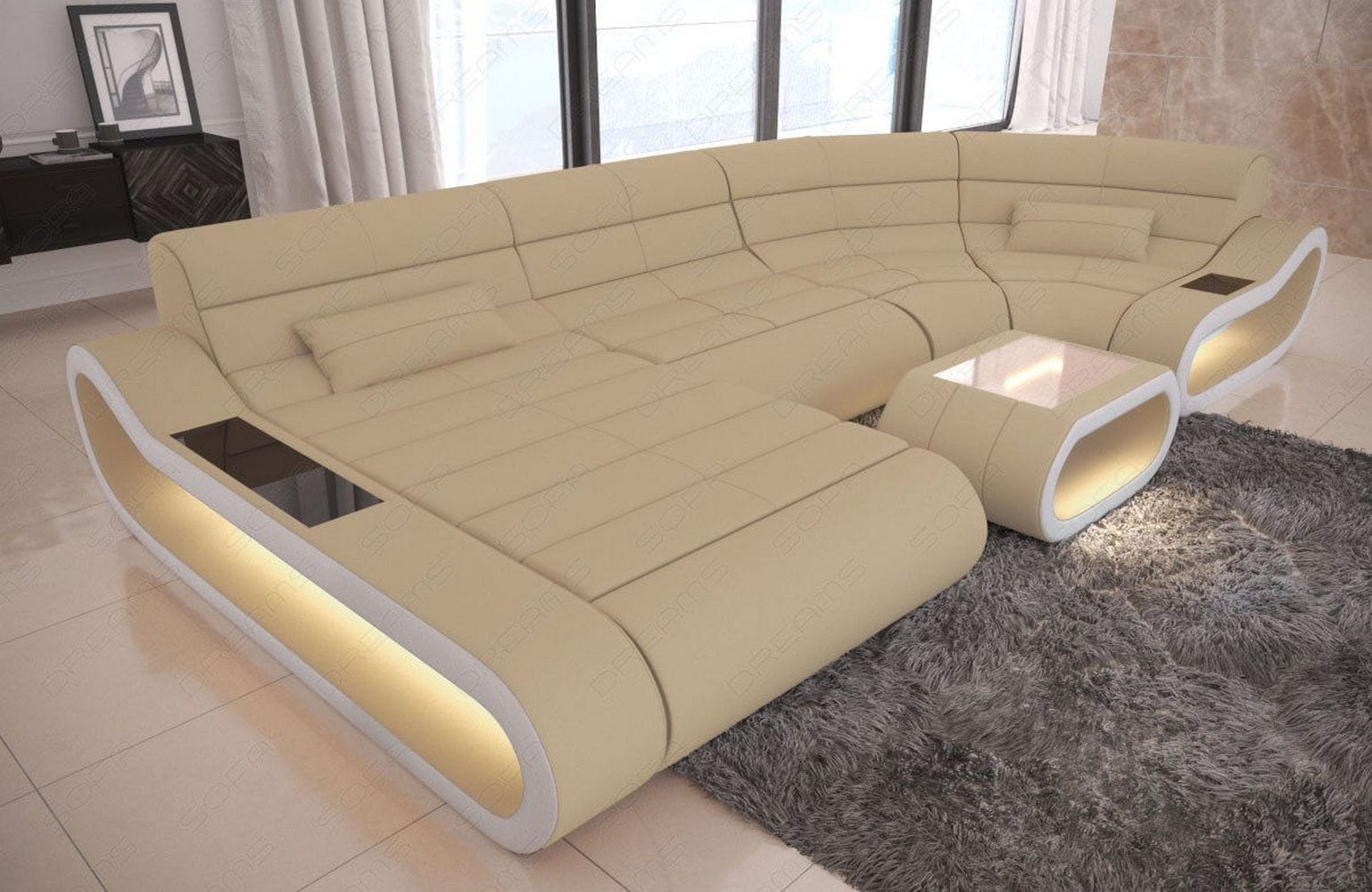 Wohnlandschaft Stoff Concept mit LED Beige-Weiß