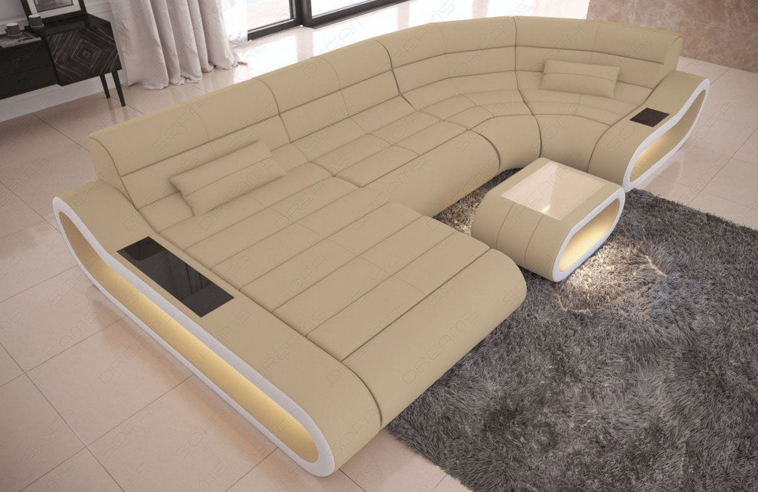 Wohnlandschaft Stoff Concept mit LED Beige-Weiß