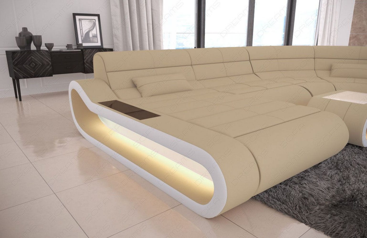 Wohnlandschaft Stoff Concept mit LED Beige-Weiß