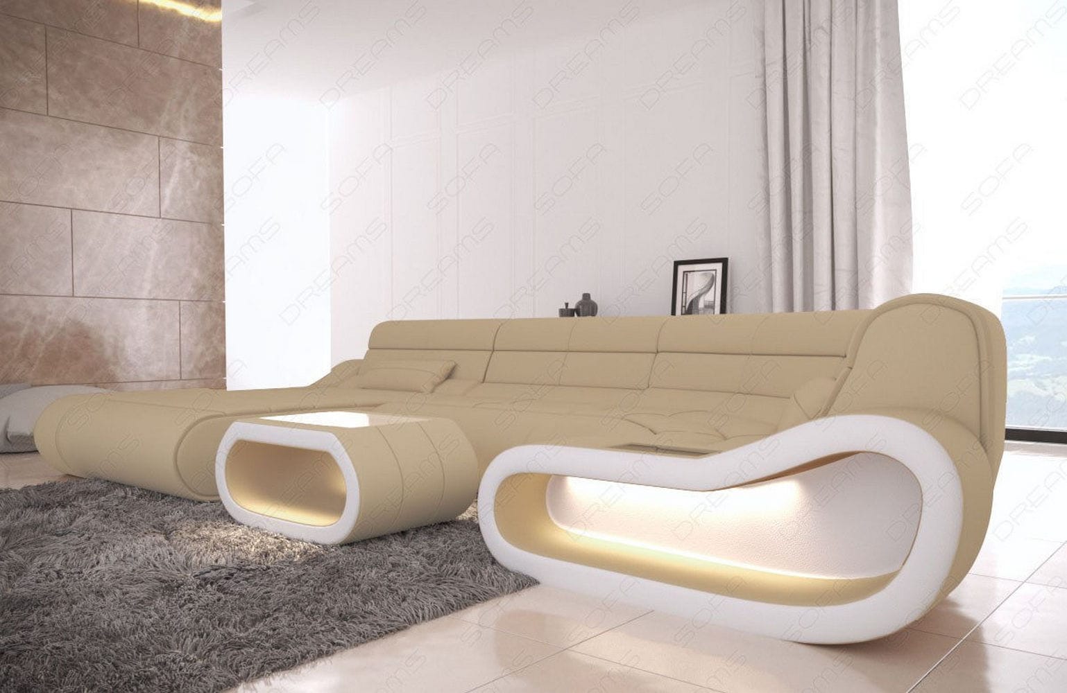 Wohnlandschaft Stoff Concept mit LED Beige-Weiß