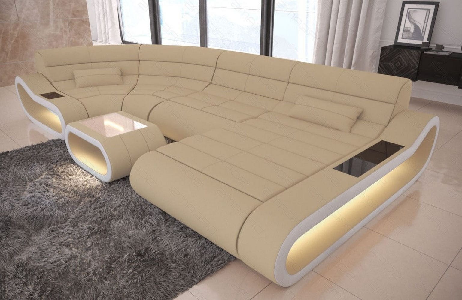 Wohnlandschaft Stoff Concept mit LED Beige-Weiß