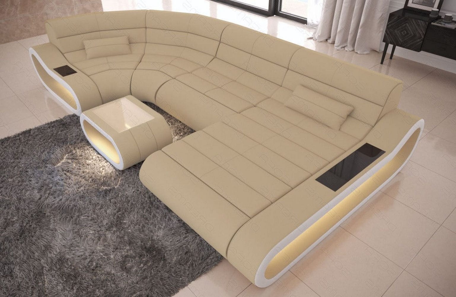Wohnlandschaft Stoff Concept mit LED Beige-Weiß