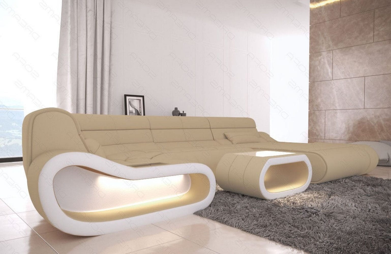 Wohnlandschaft Stoff Concept mit LED Beige-Weiß