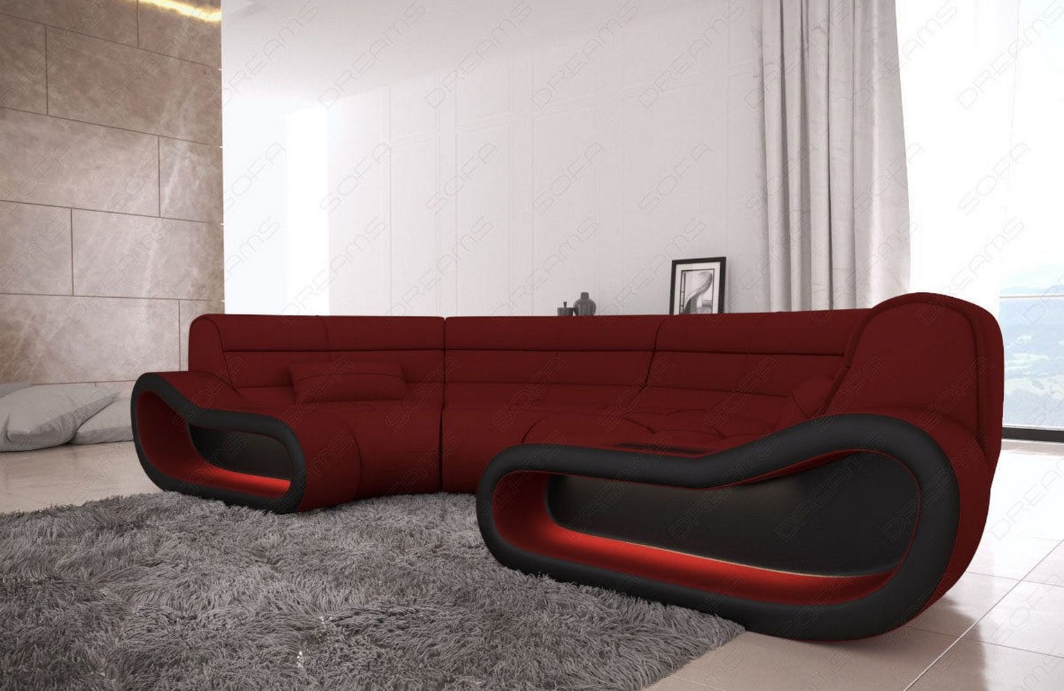 Bigsofa Concept Stoff Dunkelrot-Schwarz