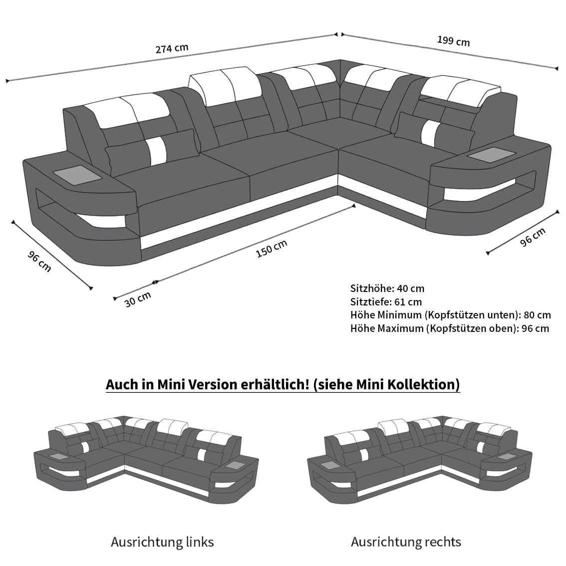 Polster Ecksofa Como L-Form - Modern & Bequem Dunkelgrau-Weiß