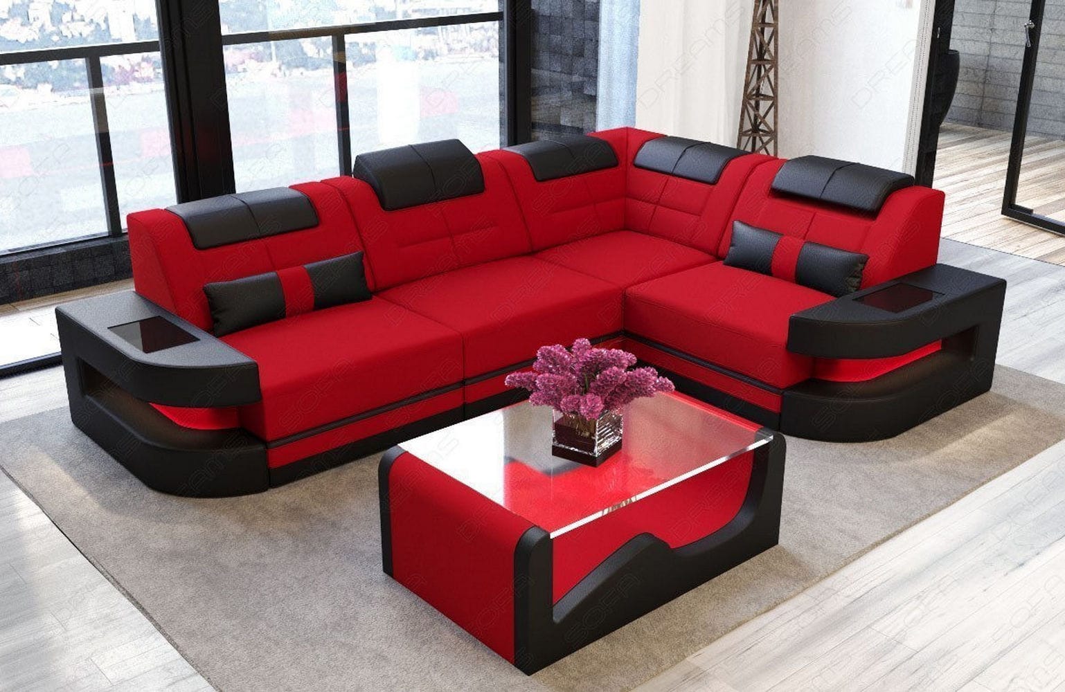 Polster Ecksofa Como L-Form - Modern & Bequem Rot-Schwarz