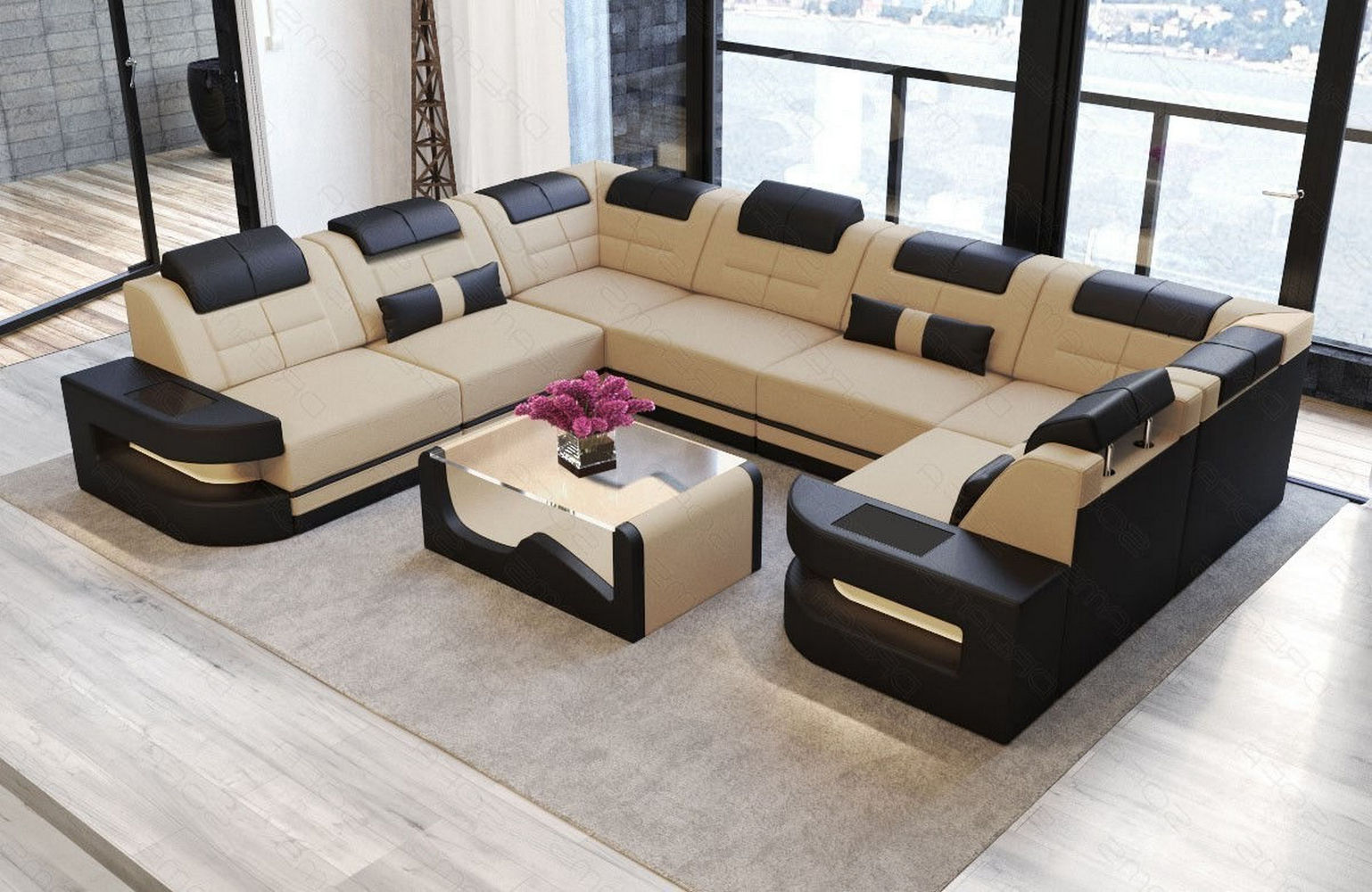 Stoff Wohnlandschaft Como U-Form mit LED