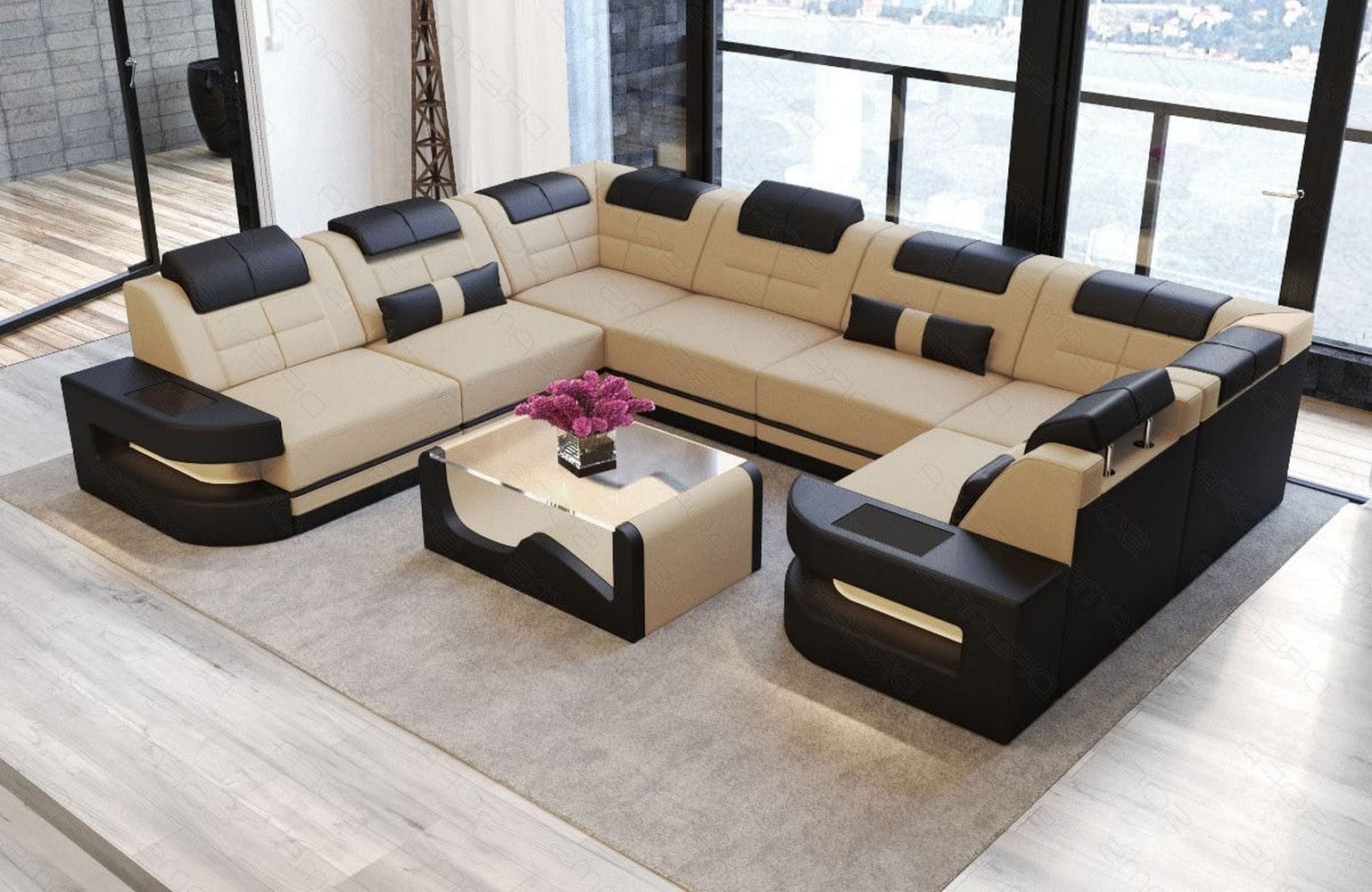 Stoff Wohnlandschaft Como U-Form mit LED Beige-Schwarz