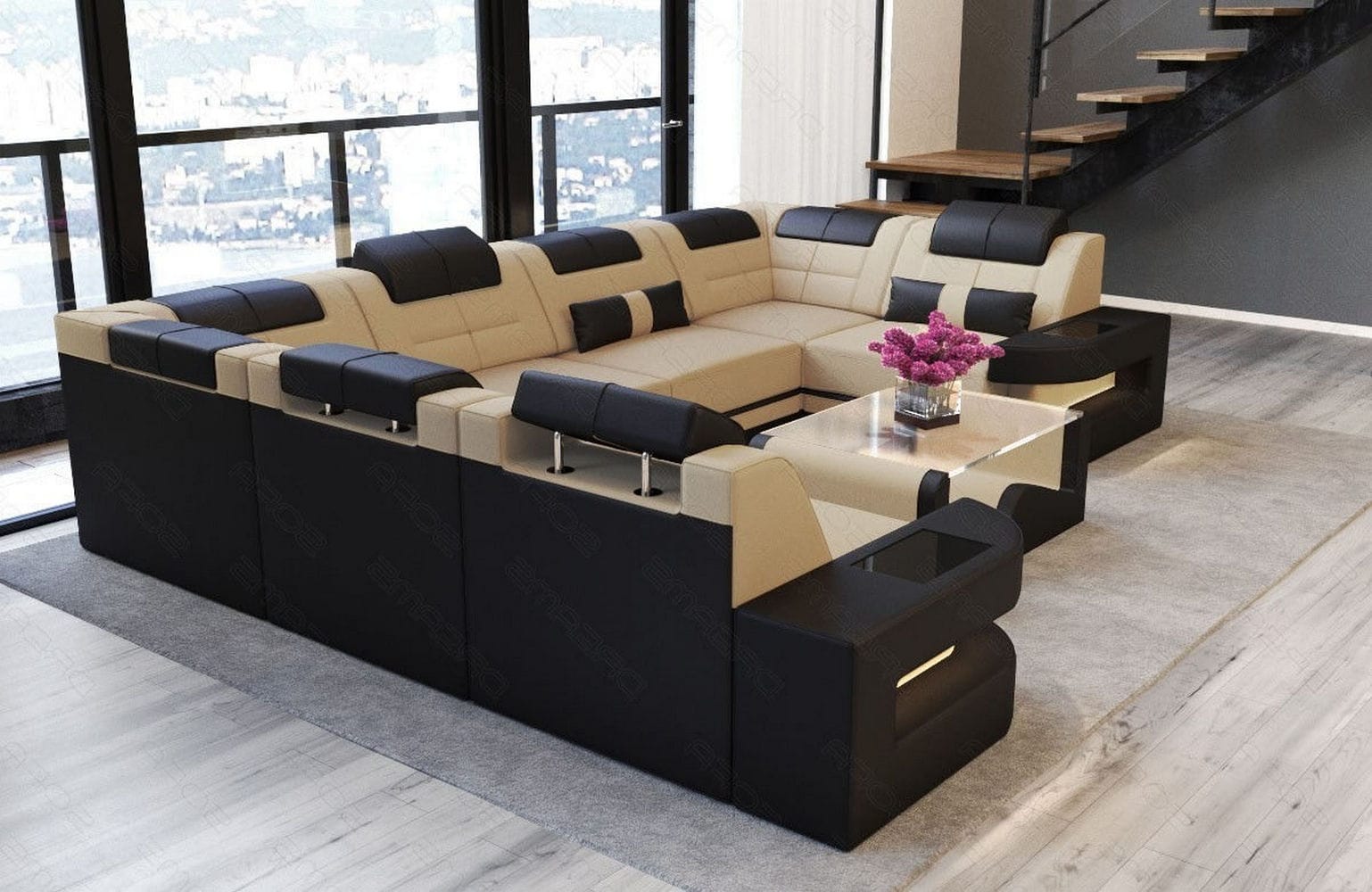 Stoff Wohnlandschaft Como U-Form mit LED Beige-Schwarz