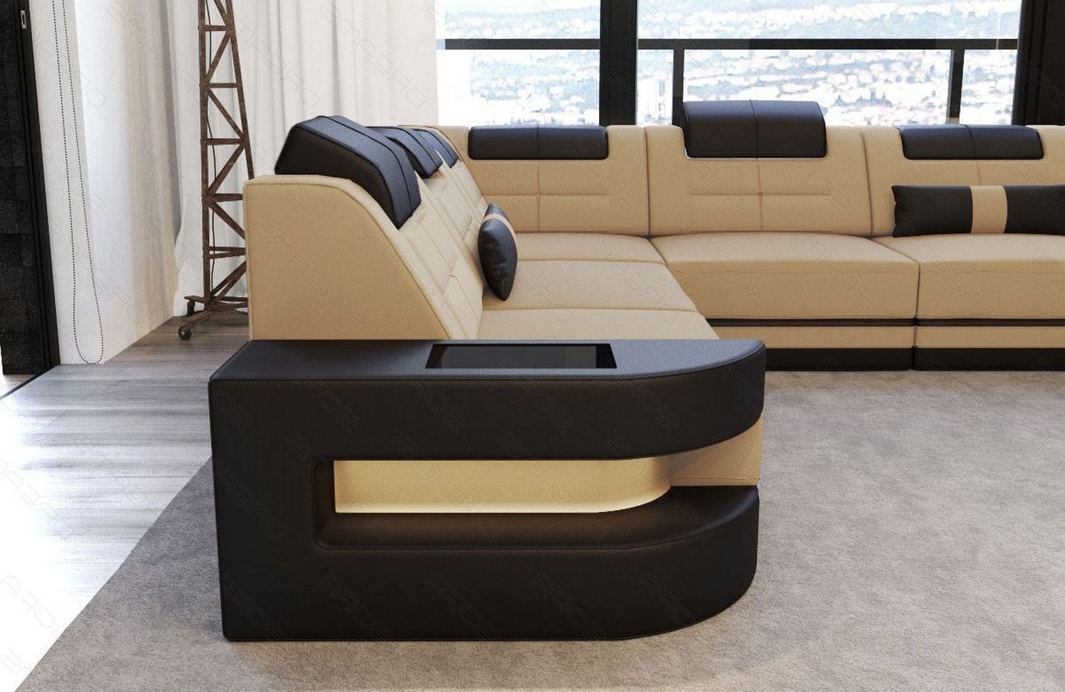 Stoff Wohnlandschaft Como U-Form mit LED Beige-Schwarz