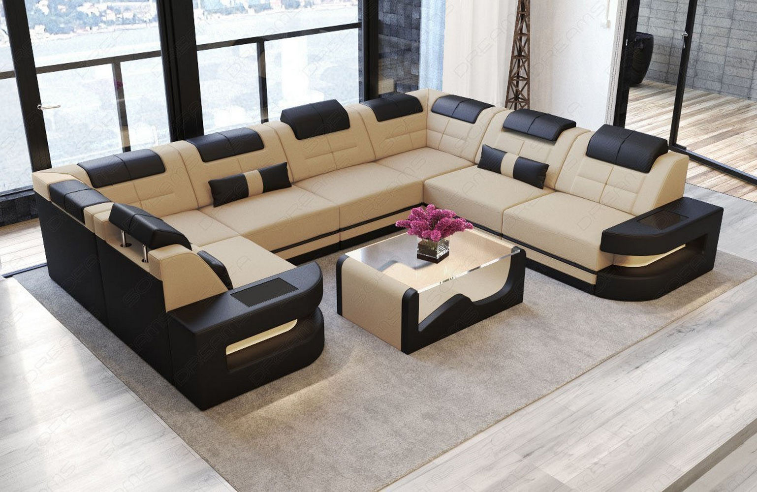 Stoff Wohnlandschaft Como U-Form mit LED