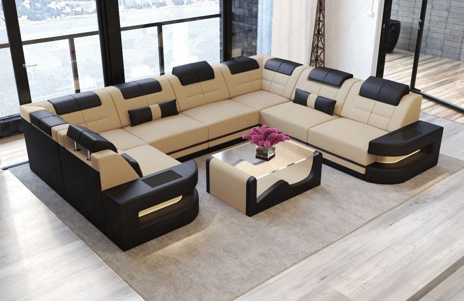 Stoff Wohnlandschaft Como U-Form mit LED Beige-Schwarz