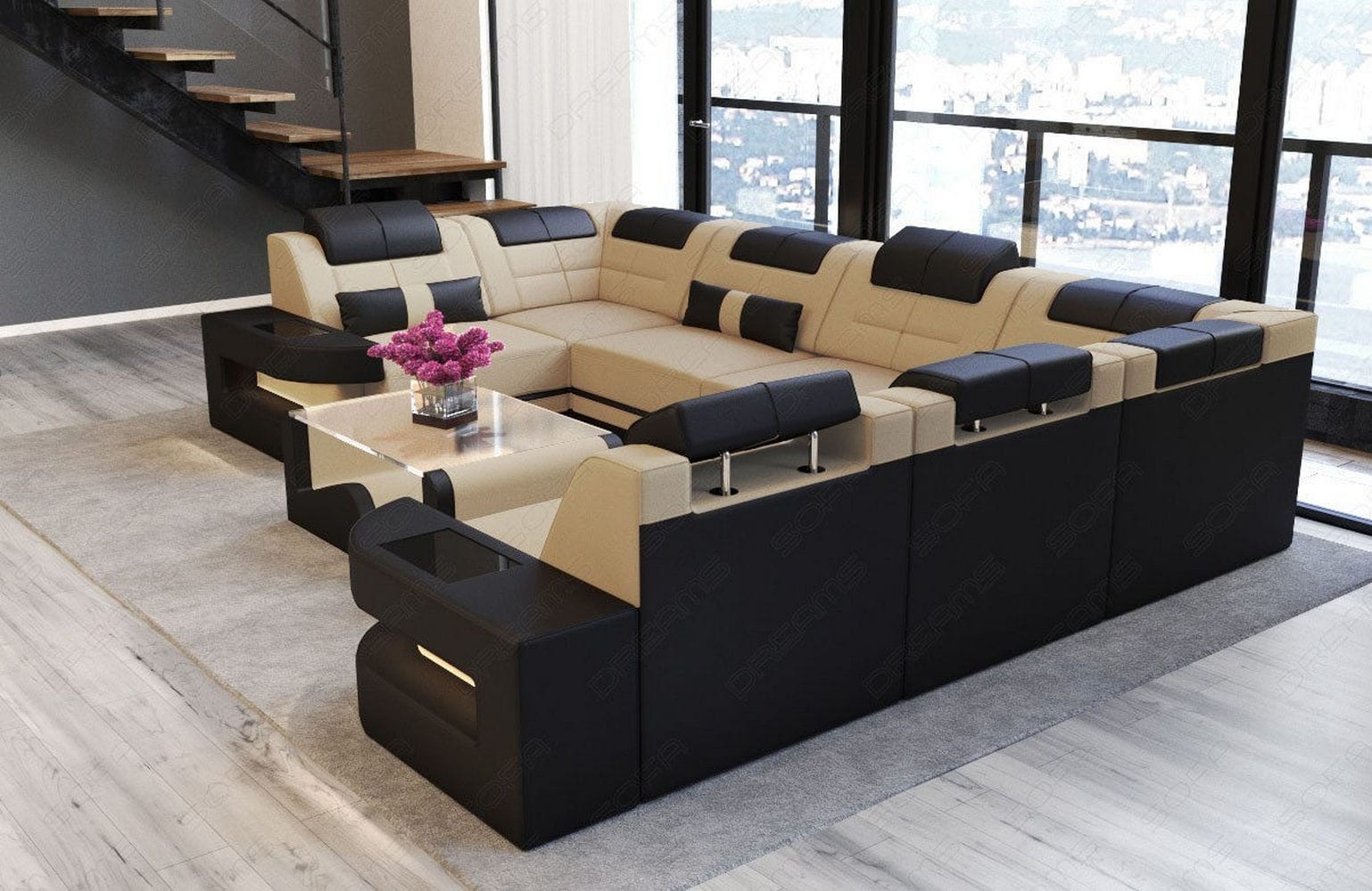 Stoff Wohnlandschaft Como U-Form mit LED Beige-Schwarz
