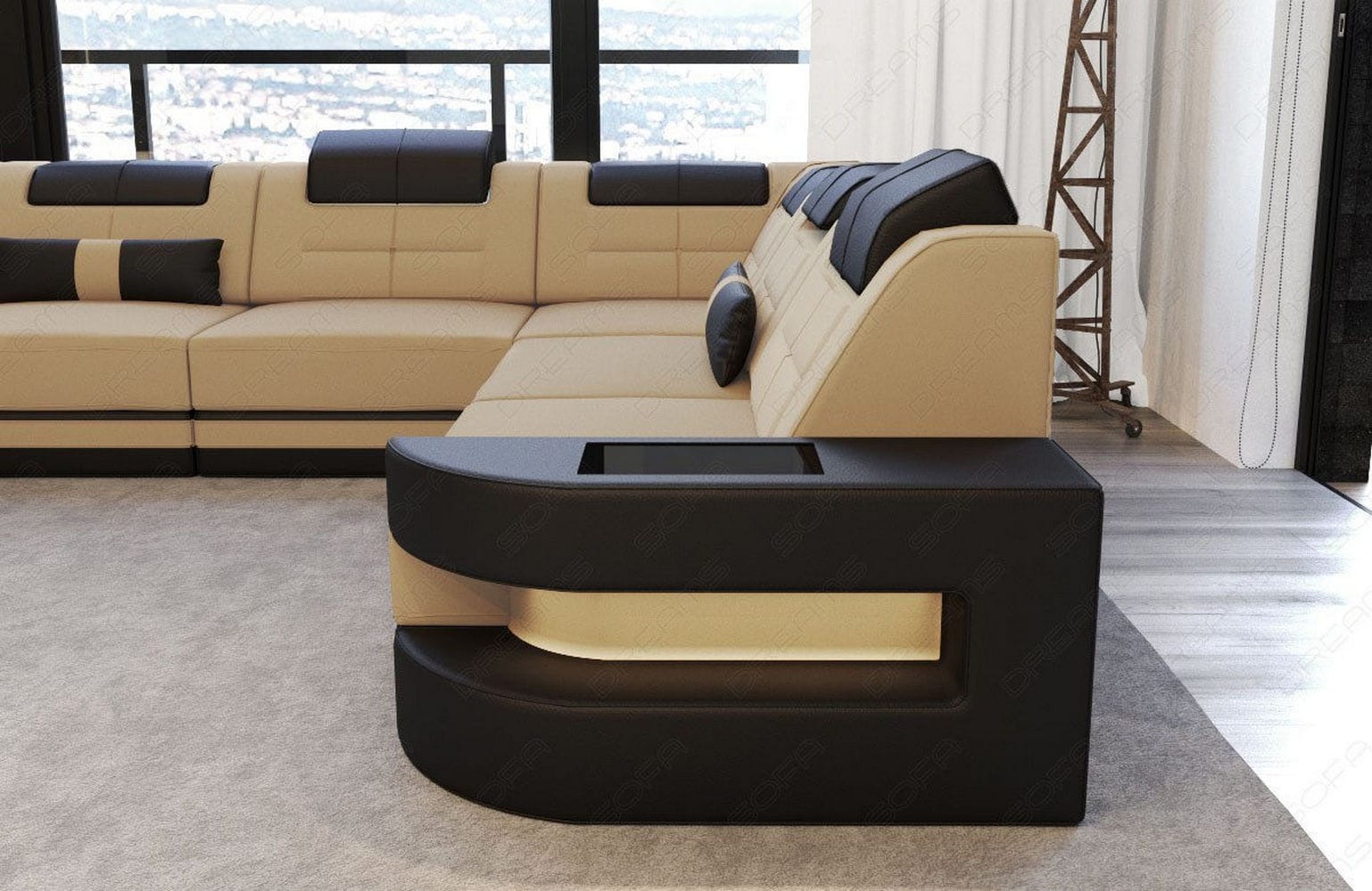 Stoff Wohnlandschaft Como U-Form mit LED Beige-Schwarz