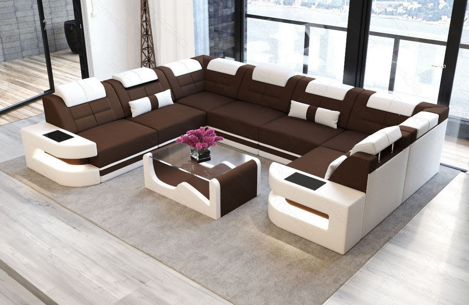 Stoff Wohnlandschaft Como U-Form mit LED