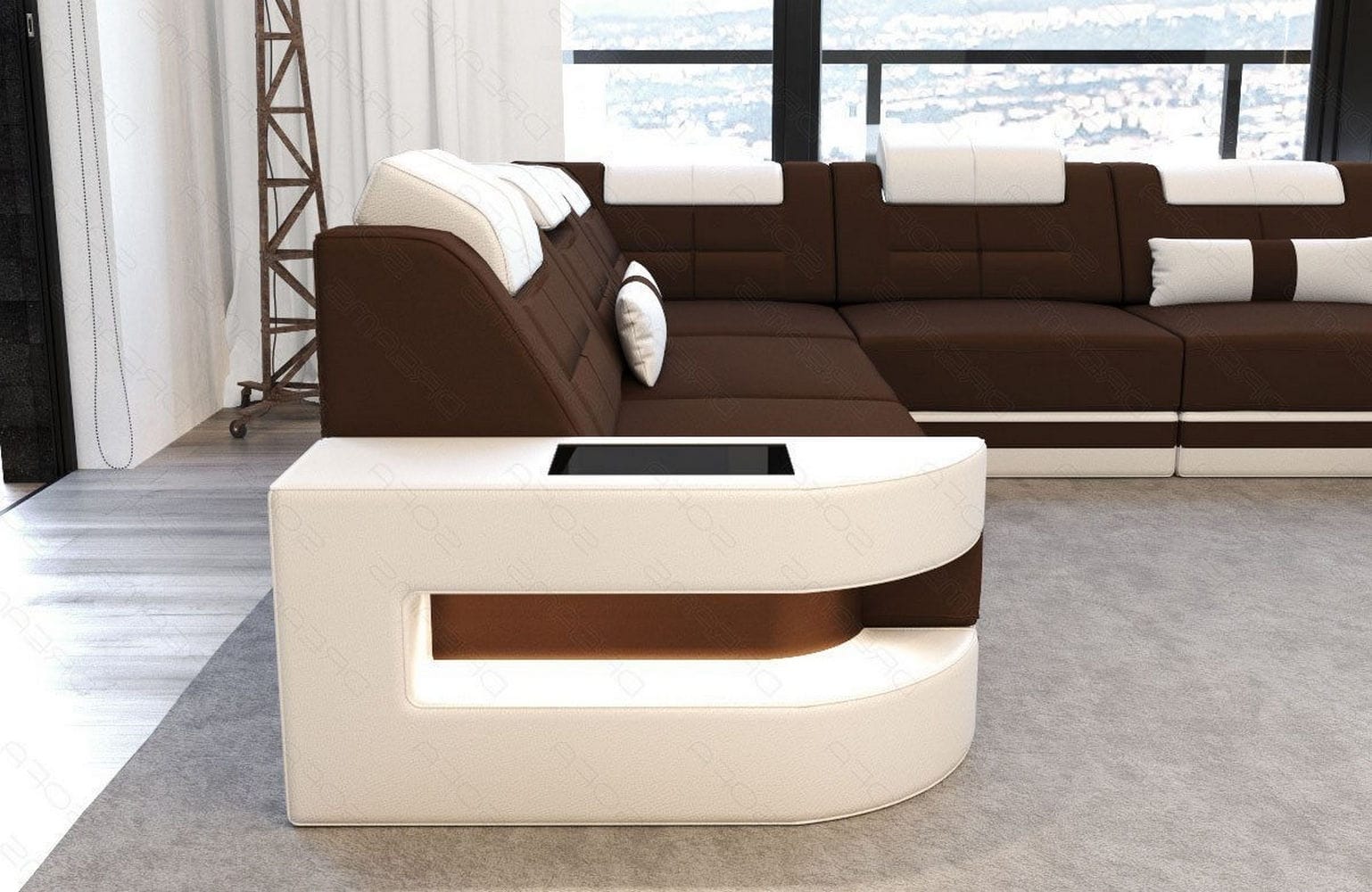 Stoff Wohnlandschaft Como U-Form mit LED Dunkelbraun-Weiß