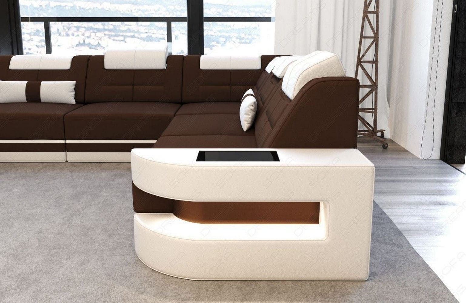 Stoff Wohnlandschaft Como U-Form mit LED Dunkelbraun-Weiß