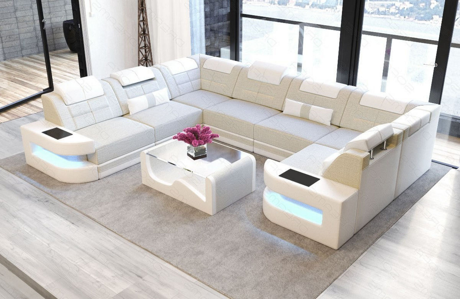 Stoff Wohnlandschaft Como U-Form mit LED