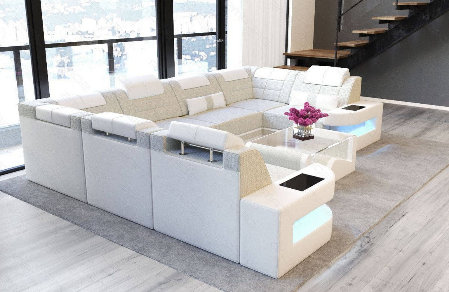 Stoff Wohnlandschaft Como U-Form mit LED