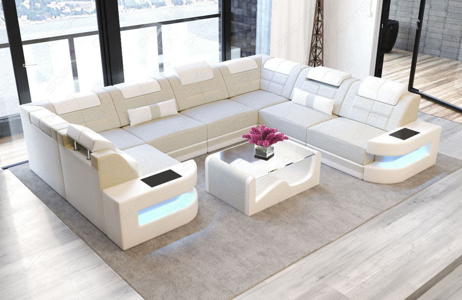 Stoff Wohnlandschaft Como U-Form mit LED