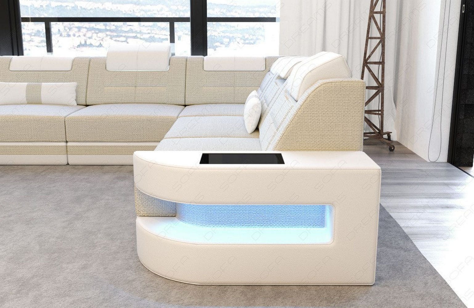 Stoff Wohnlandschaft Como U-Form mit LED Elfenbein-Weiß