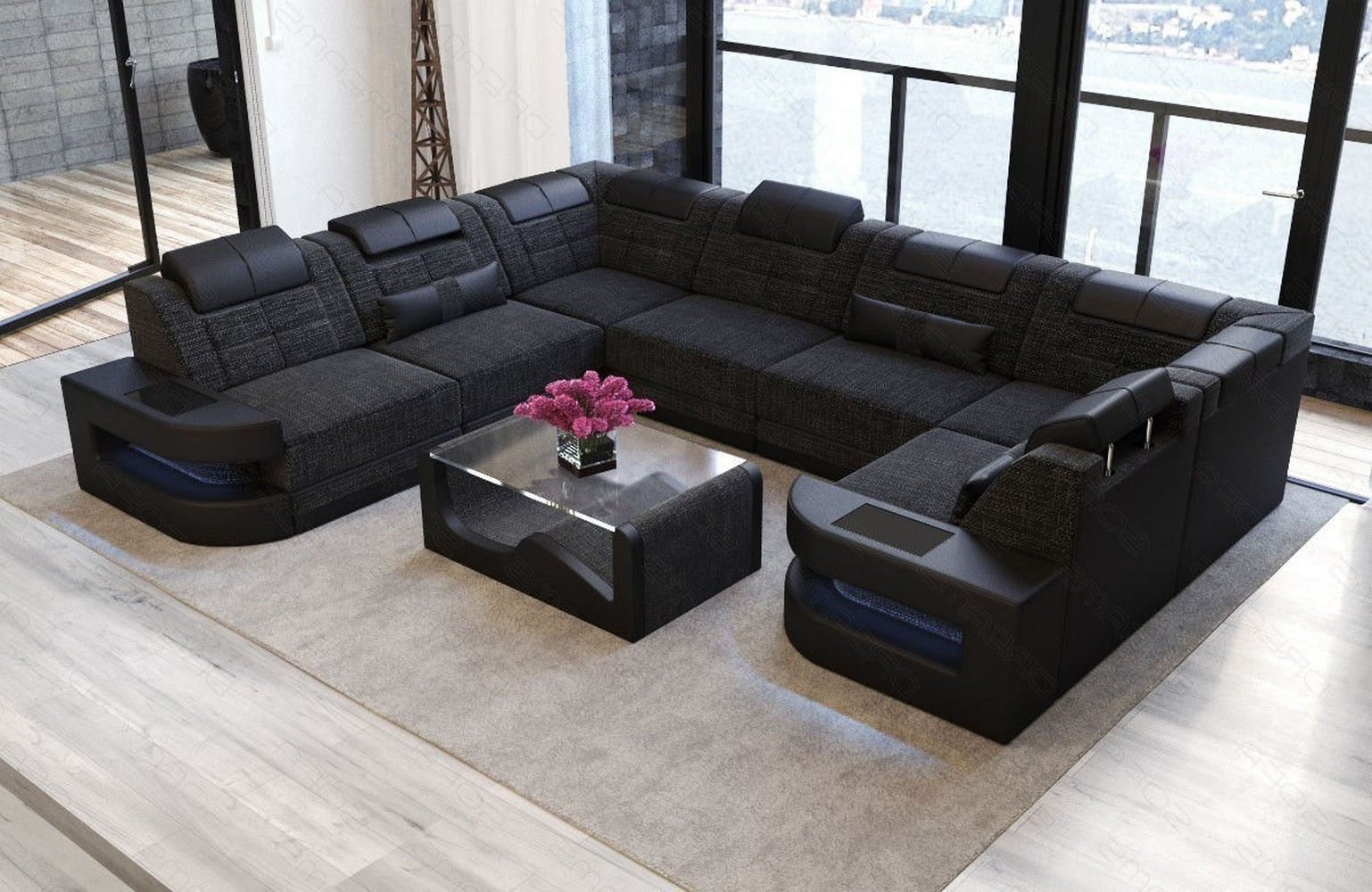Stoff Wohnlandschaft Como U-Form mit LED