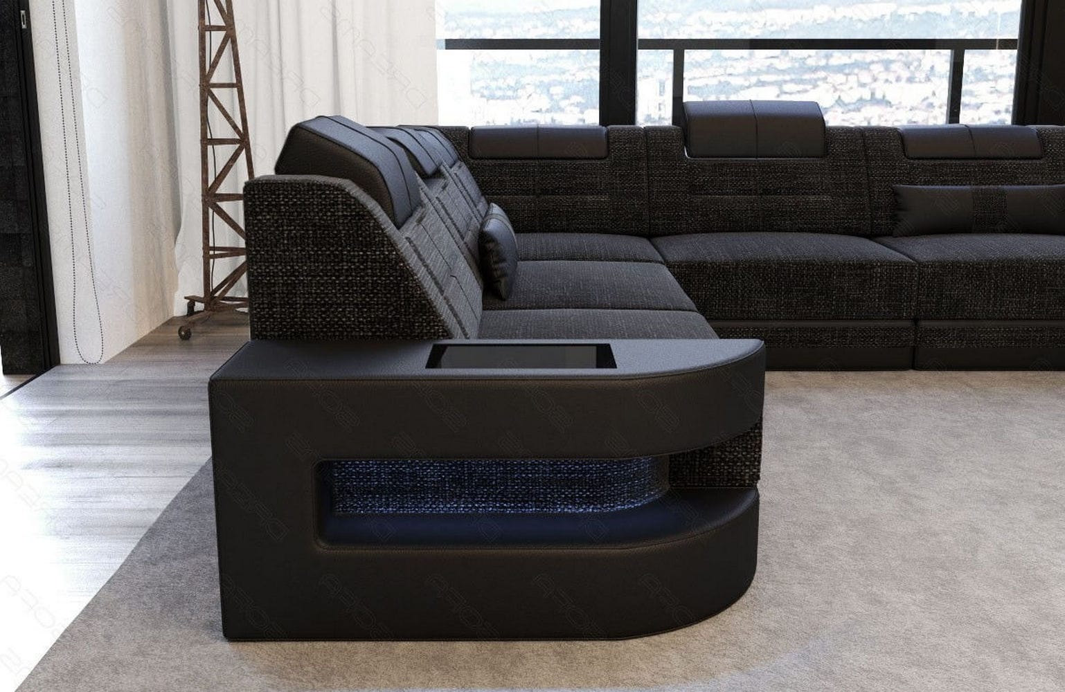 Stoff Wohnlandschaft Como U-Form mit LED Schwarzgrau-Schwarz