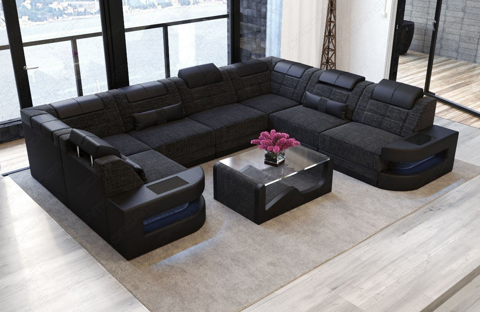 Stoff Wohnlandschaft Como U-Form mit LED