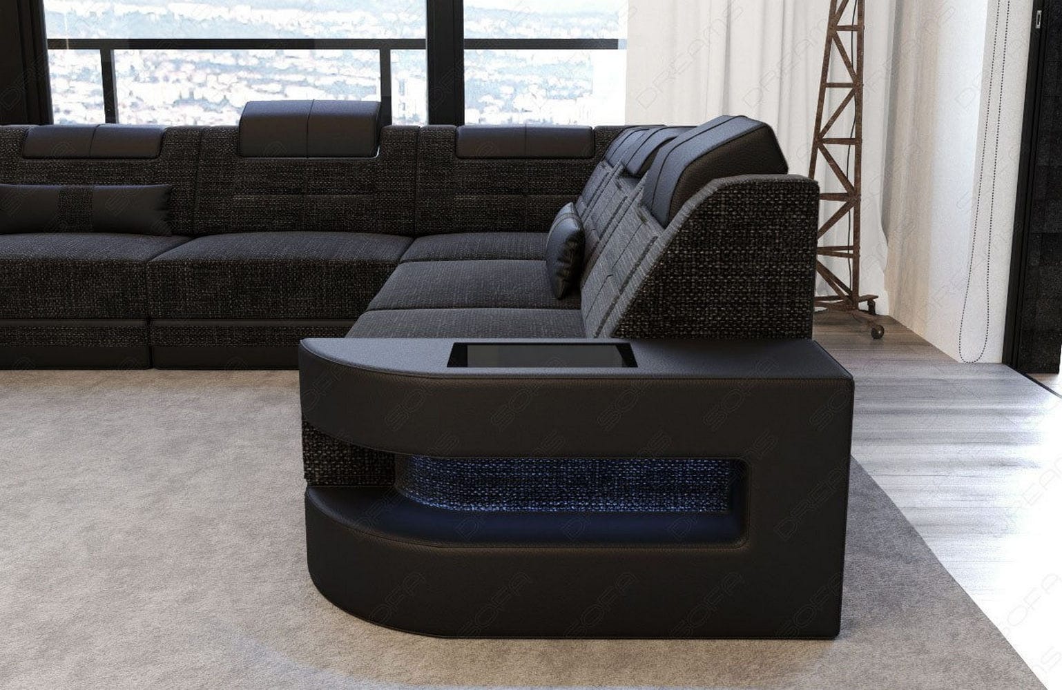 Stoff Wohnlandschaft Como U-Form mit LED Schwarzgrau-Schwarz