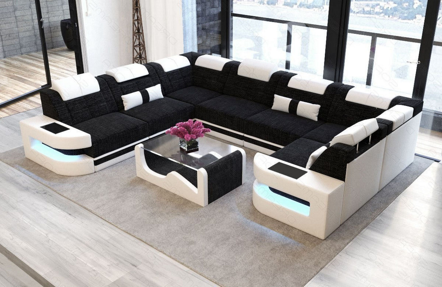 Stoff Wohnlandschaft Como U-Form mit LED