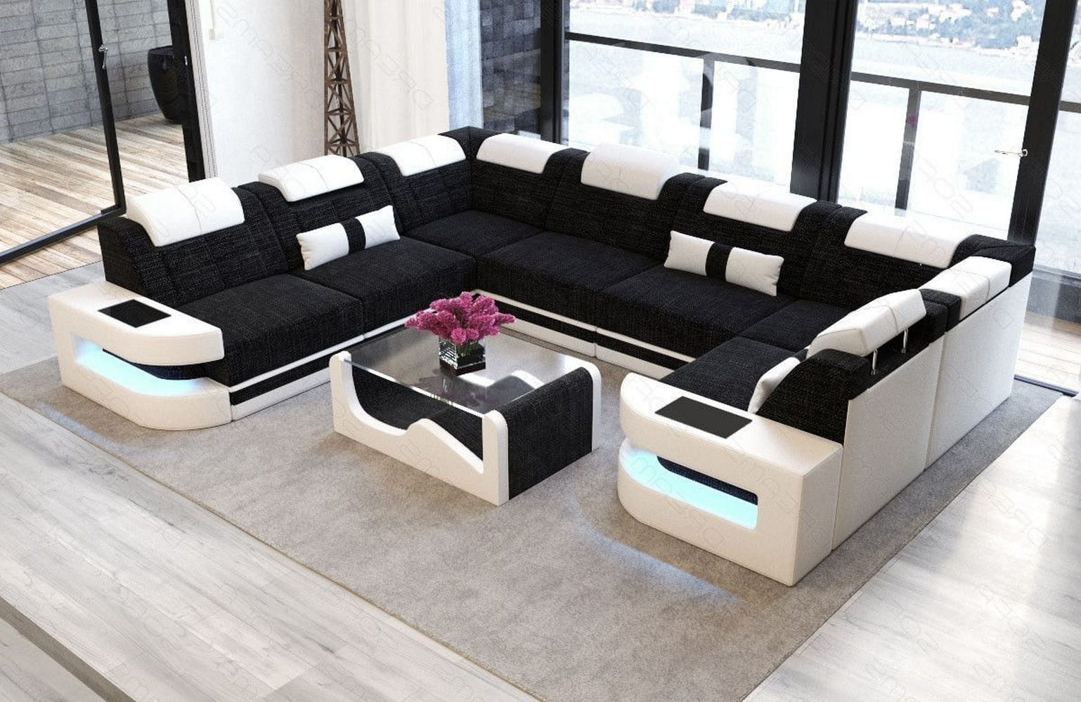 Stoff Wohnlandschaft Como U-Form mit LED Dunkelgrau-Weiß