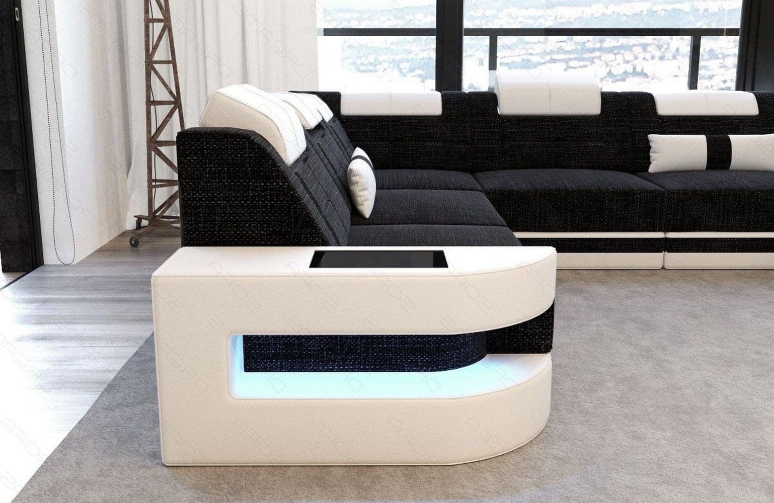 Stoff Wohnlandschaft Como U-Form mit LED Dunkelgrau-Weiß