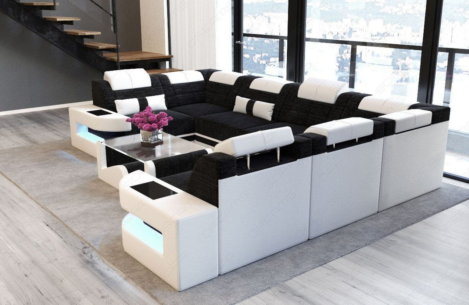 Stoff Wohnlandschaft Como U-Form mit LED Dunkelgrau-Weiß
