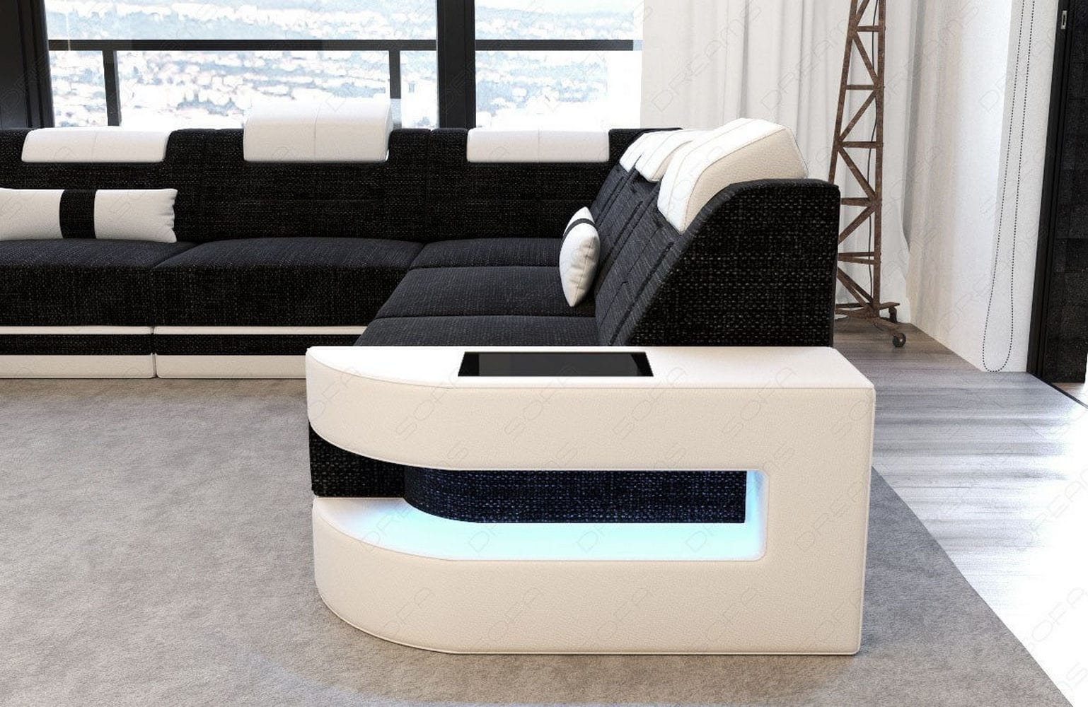 Stoff Wohnlandschaft Como U-Form mit LED Dunkelgrau-Weiß